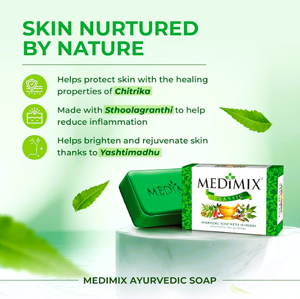 Medimix Ayurvedic Ayurvedic Bathing Soap with 18 Herbs, Effective for Skin Problems, Handmade, 75 g Carton