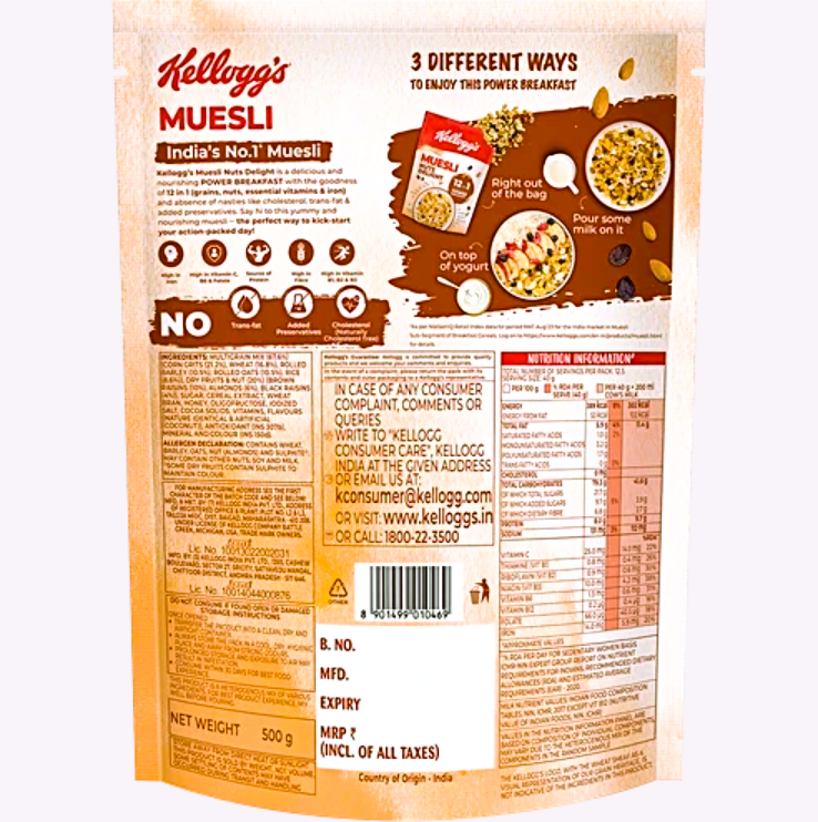 Kellogg's Muesli Nuts Delight - 12 In 1 Power Breakfast, 500 g Pouch