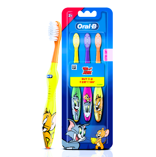 Oral-B Kids Toothbrush - Tom & Jerry, Extra Soft Bristles, Easy To Hold Handle, 2+ Years, 3 pcs