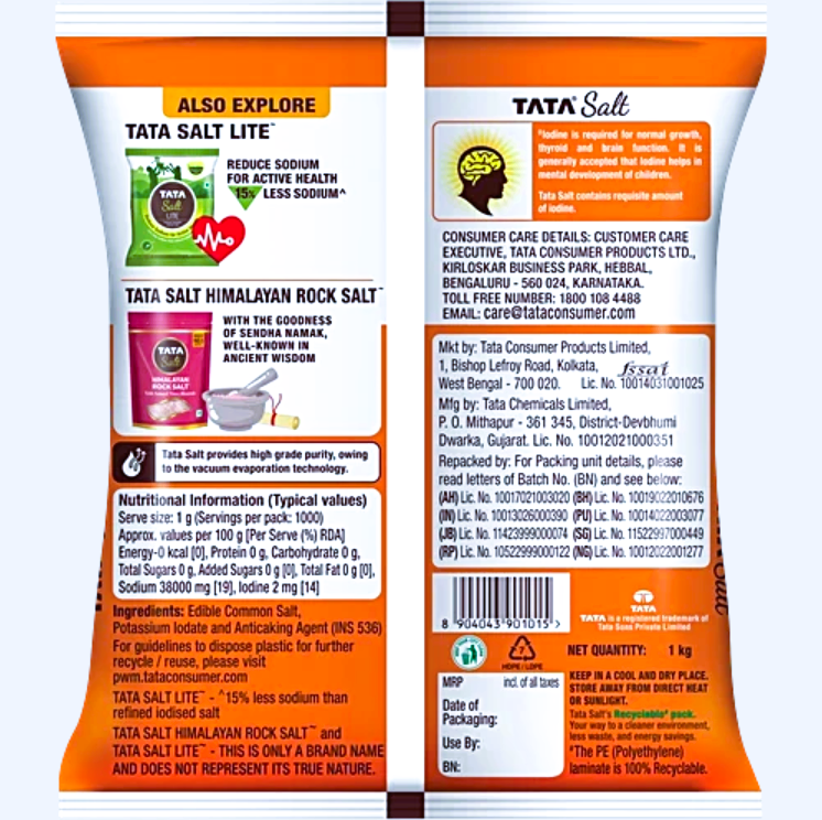 Tata Salt Vacuum Evaporated Iodised Edible Common Salt, 1 kg Pouch