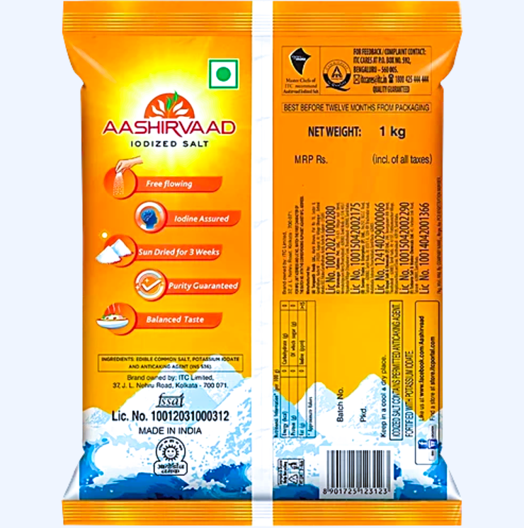 Aashirvaad Salt/Uppu - Iodised, 1 kg Pouch