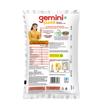 Gemini Sunflower Oil - With Nutri Fresh Technology 1 L Pouch