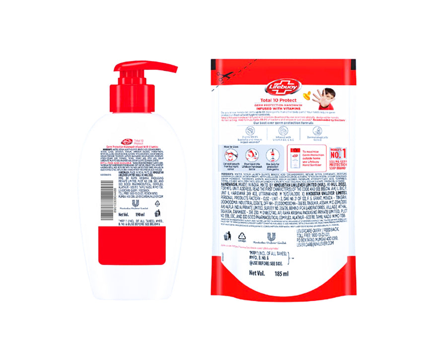 Lifebuoy Total 10 Germ Protection HandWash190 ml (With Free Refill Pouch 185 ml)