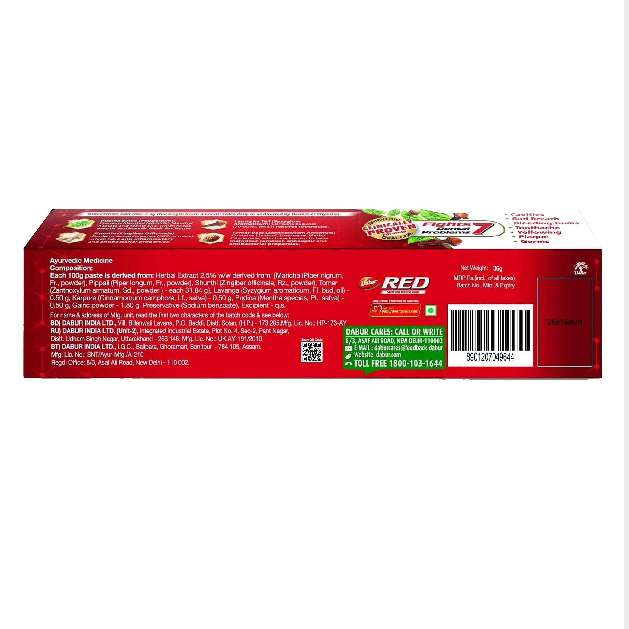 Dabur Red Gel Ayurvedic Toothpaste - Controls bad breath, plaque, gingivitis, toothache, 36 g