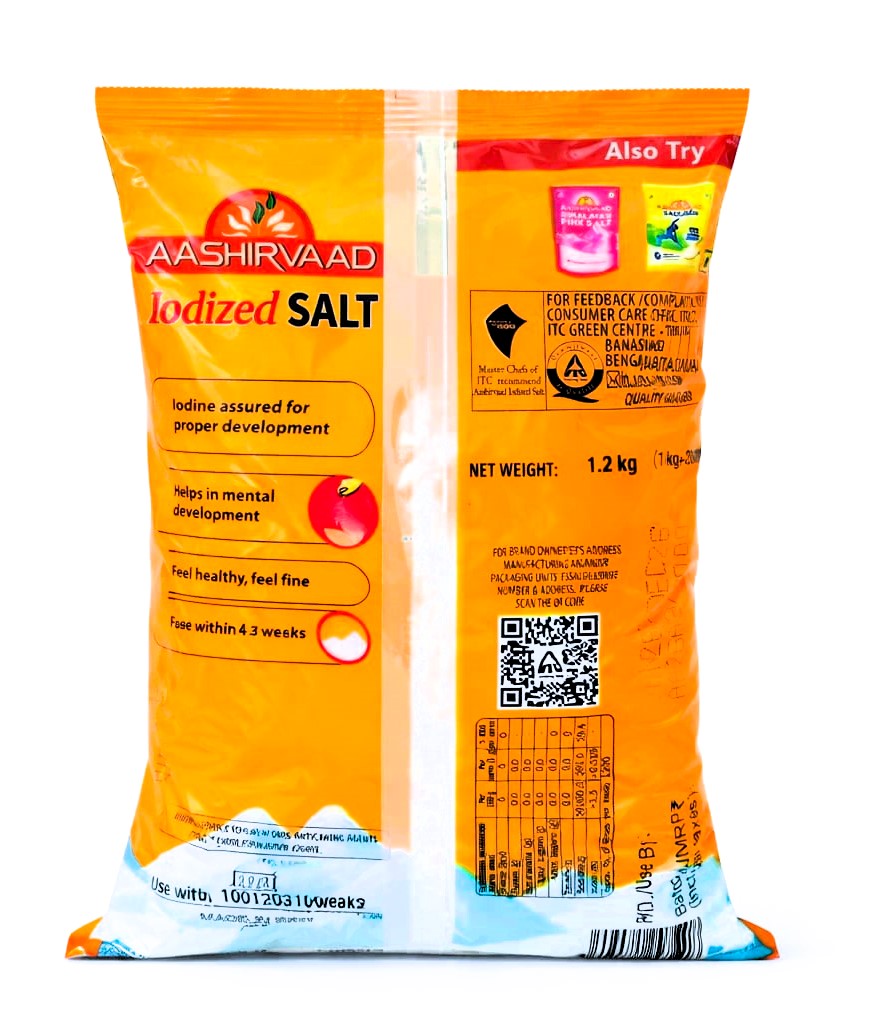 Aashirvaad Salt/Uppu - Iodised, 1 kg + 200 g Free Pouch
